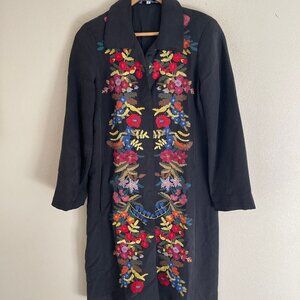 JOHNNY WAS Long Black Floral Embroidered Coat; Size Small; P2P is 18.5-19"; NWOT